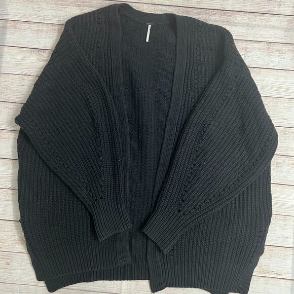 Free People Cardigan Womens Large Black Chunky Knit Open Front Sweater Boho - Picture 1 of 12